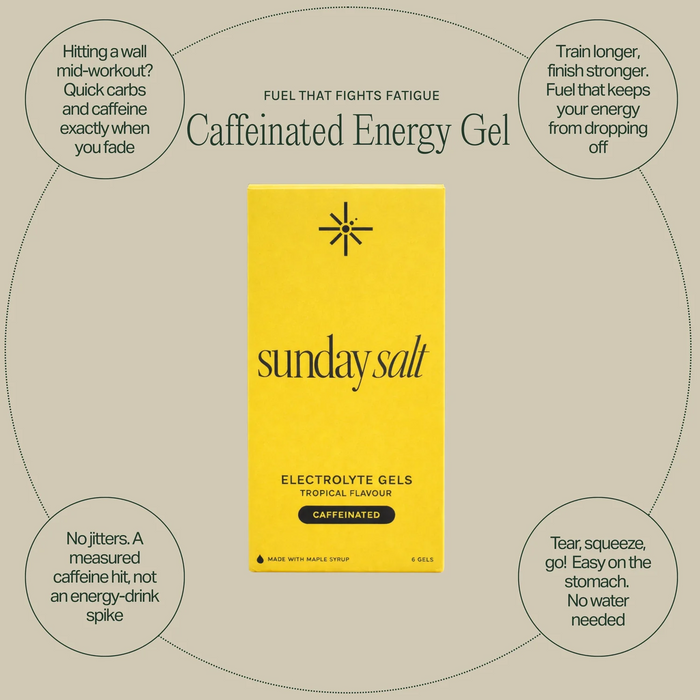 Sunday Salt Tropical – Caffeinated Energy Gel - 6 Sachets with electrolytes for sustained energy and no jitters.