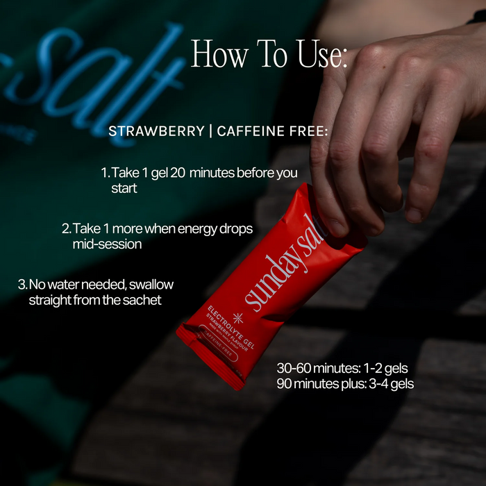 Hand holding Sunday Salt Strawberry – Caffeine-Free Energy Gel - Single Sachet with usage instructions and local Australian business logo.