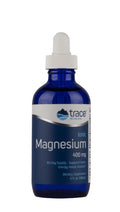 Ionic Magnesium - 400mg - 118ml dietary supplement bottle by Trace Minerals in blue glass with dropper cap