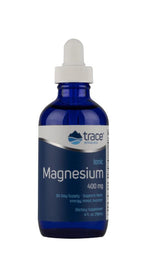 Ionic Magnesium - 400mg - 118ml dietary supplement bottle by Trace Minerals in blue glass with dropper cap
