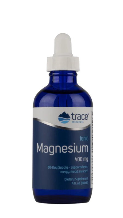 Ionic Magnesium - 400mg - 118ml dietary supplement bottle by Trace Minerals in blue glass with dropper cap