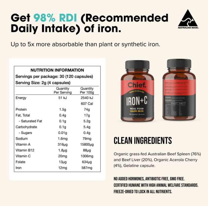 Iron + C - Organic Spleen & Liver - 120 Capsules