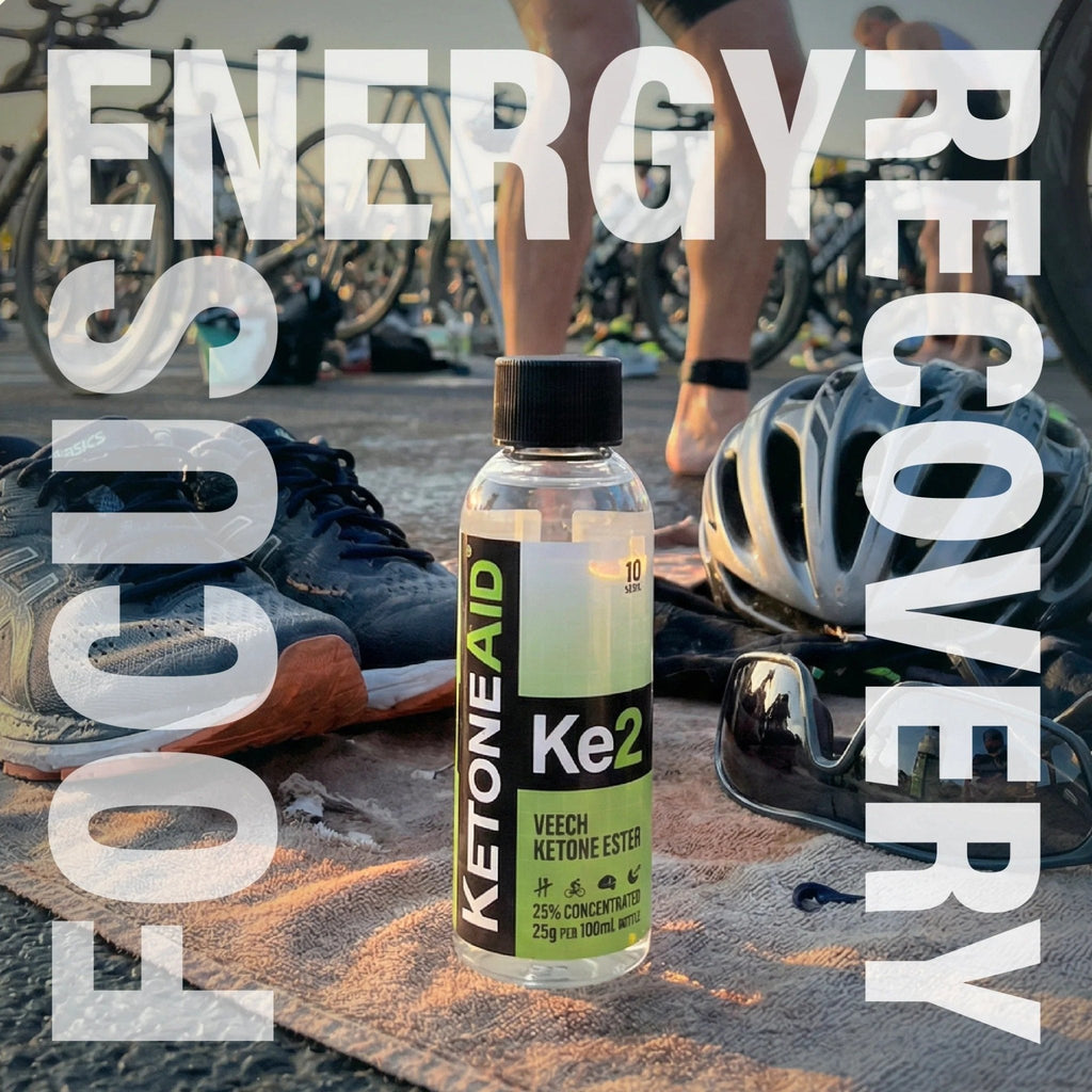 KE2 Ketone Ester Drink - 100ml bottle outdoors with bike gear, highlighting energy, focus, recovery by Ketoneaid.