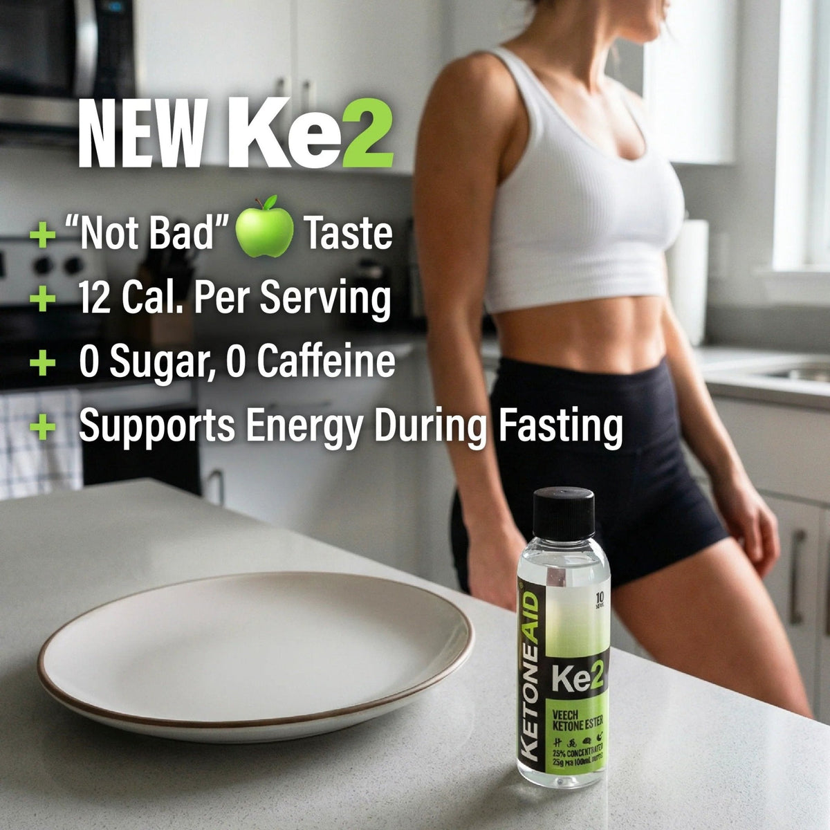 KE2 Ketone Ester Drink - 100ml bottle on kitchen counter with fit woman, promoting low calorie, zero sugar energy by Ketoneaid.