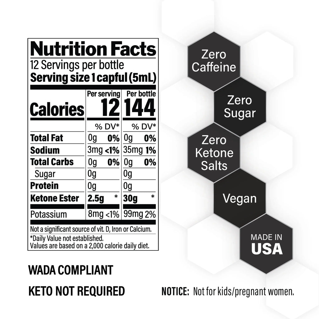 Nutrition facts and key features of KE4 Ketone Ester Drink - 60ml by Ketoneaid, highlighting zero caffeine, sugar, and ketone salts.