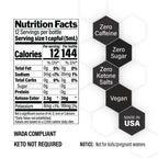 Nutrition facts and key features of KE4 Ketone Ester Drink - 60ml by Ketoneaid, highlighting zero caffeine, sugar, and ketone salts.