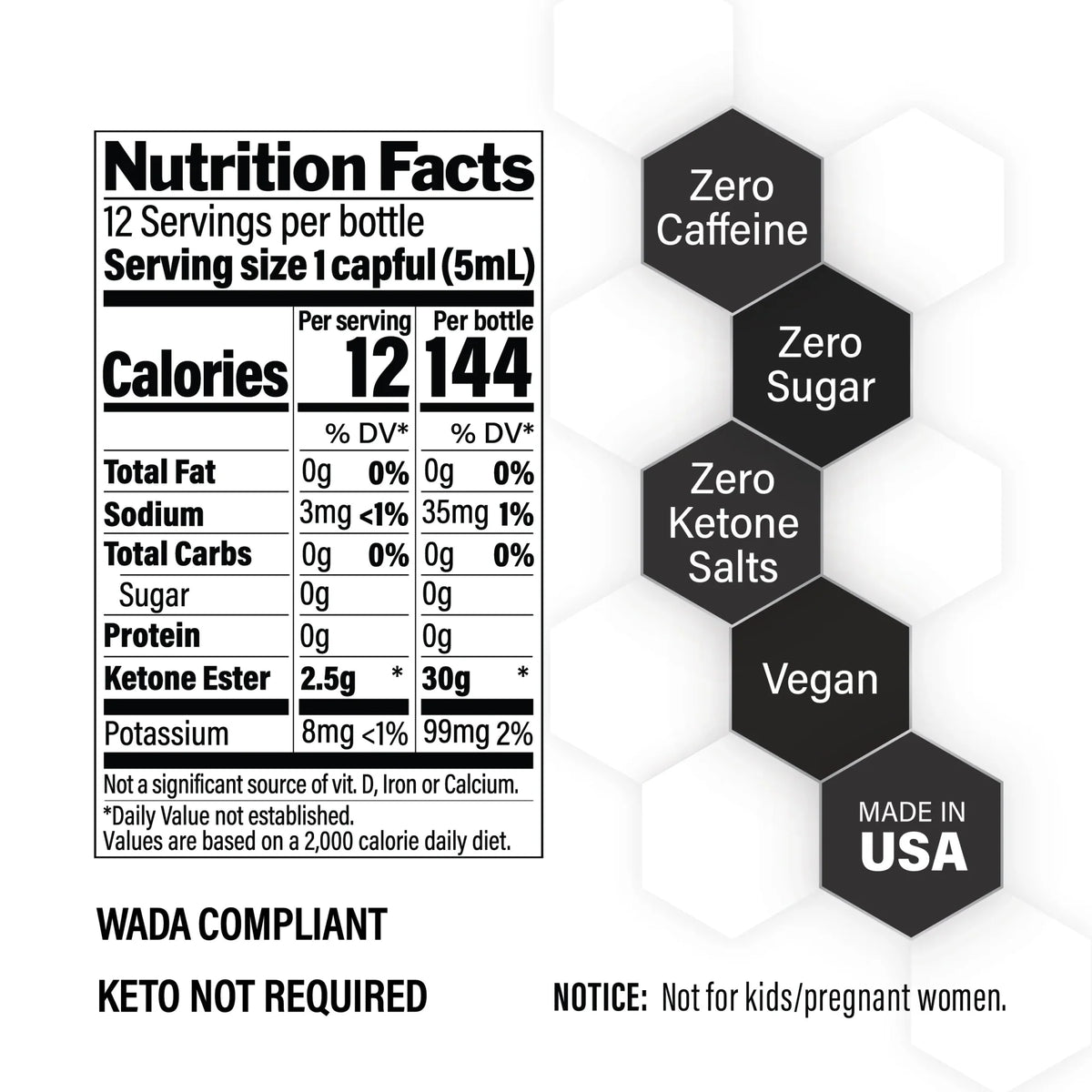 Nutrition facts and key features of KE4 Ketone Ester Drink - 60ml by Ketoneaid, highlighting zero caffeine, sugar, and ketone salts.
