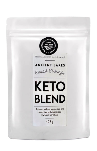 Ancient Lakes Keto Blend - 425g electrolyte powder in white resealable pouch for low-carb and fasting support