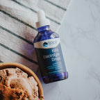 Keto Electrolyte Drops -118ml bottle by Trace Minerals with dropper cap beside a bowl of food on marble surface