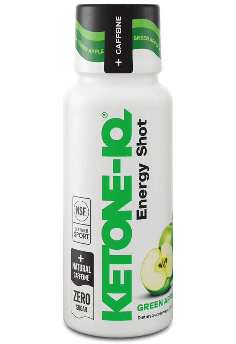 Bottle of Ketone-IQ - Energy Shot - Green Apple - 59ml x 6 - Best Before 28 Jul 2026 by HVMN with natural caffeine.