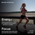 Woman running outdoors with text about benefits of daily use for Ketone-IQ - Energy Shot - Peach - Caffeine Free - 59ml x 6 by HVMN.