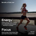 Woman running outdoors with text about benefits of daily use for Ketone-IQ - Energy Shot - Peach - Caffeine Free - 59ml x 6 by HVMN.