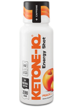 Bottle of Ketone-IQ - Energy Shot - Peach - 59ml x 6 by HVMN with natural caffeine and peach flavor label.