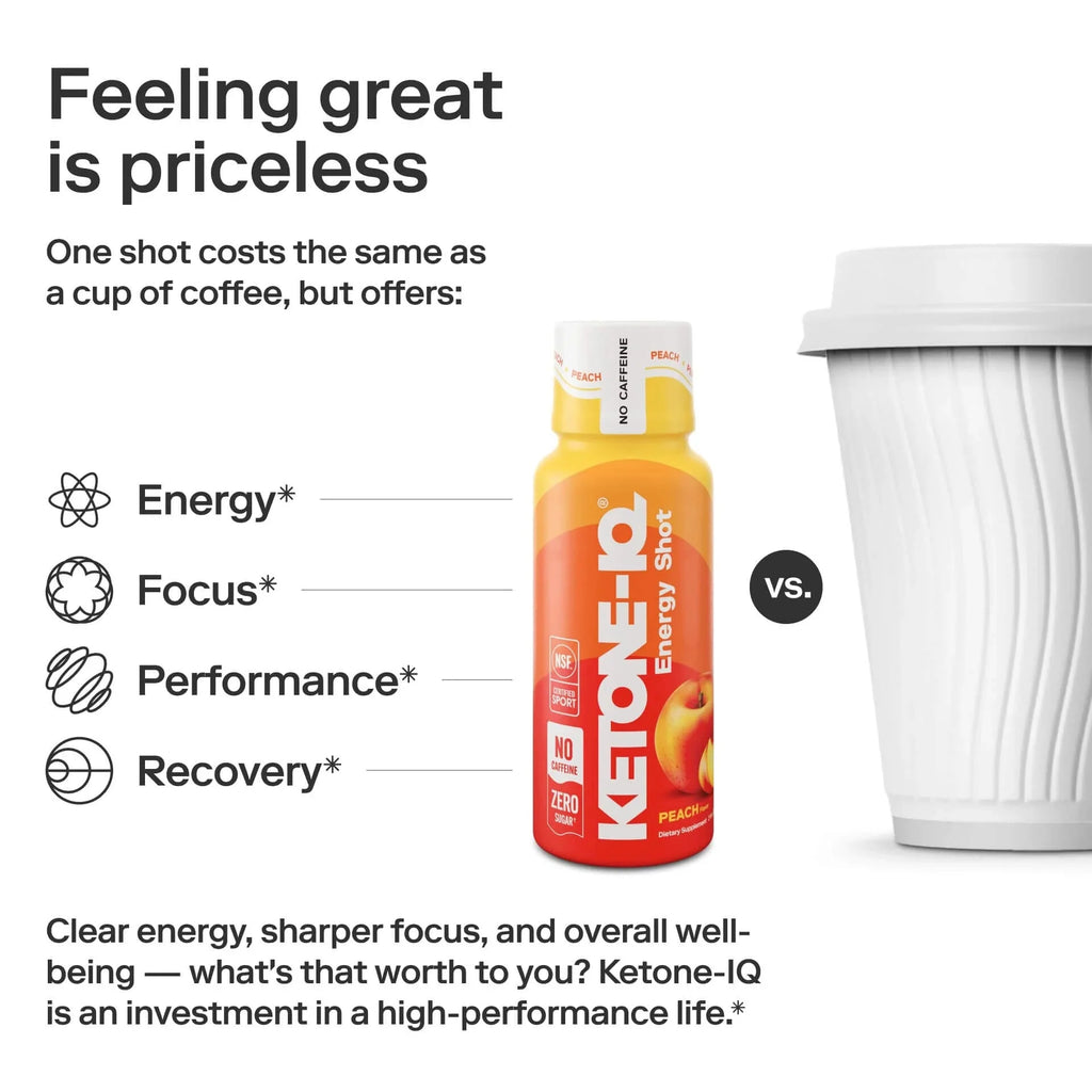 Ketone-IQ - Energy Shot - Peach - Caffeine Free - 59ml x 6 bottle with energy, focus, performance, and recovery benefits by HVMN