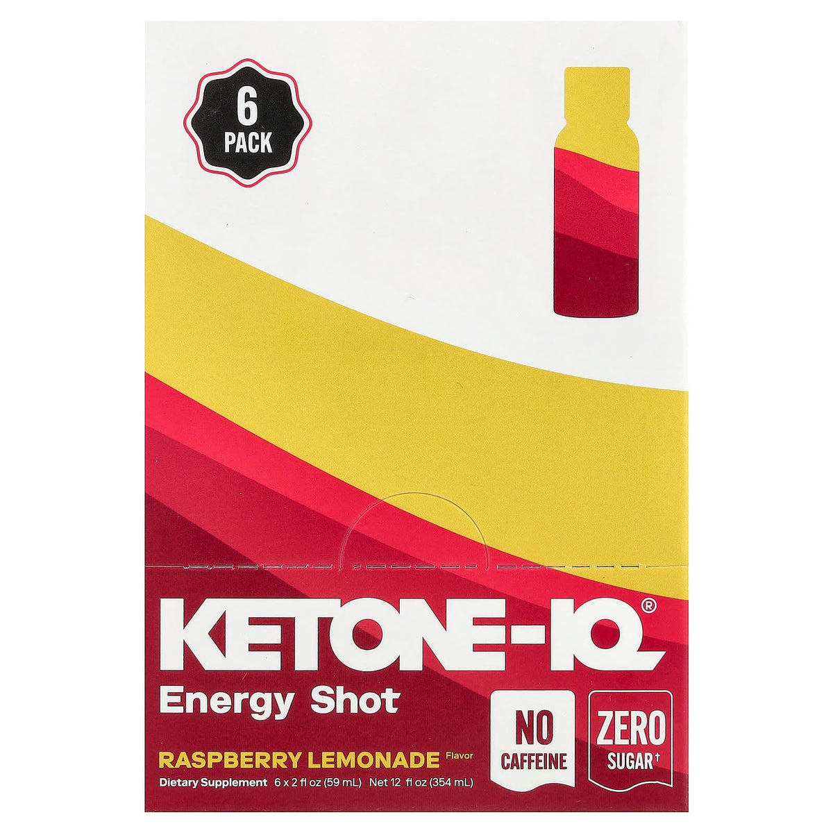 Box of Ketone-IQ - Energy Shot - Raspberry Lemonade - Caffeine Free - 59ml x 6 by HVMN in red, yellow, and white colors.