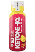 Ketone-IQ - Energy Shot - Raspberry Lemonade - Caffeine Free - 59ml x 6 by HVMN in bright red and yellow bottle