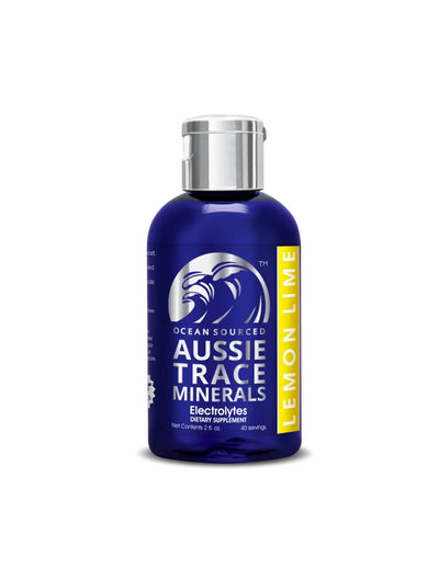 Lemon Lime Electrolyte Drops - 60ml bottle from Aussie Trace Minerals with blue label and silver cap on white background