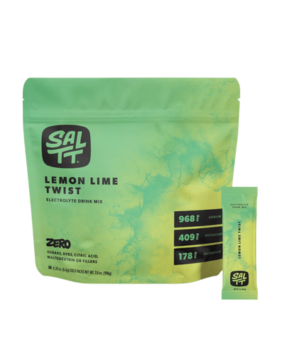 Lemon Lime Twist Electrolyte Drink Mix - 30 Sticks by SALTT in green resealable pouch with individual stick pack, low carb electrolyte blend