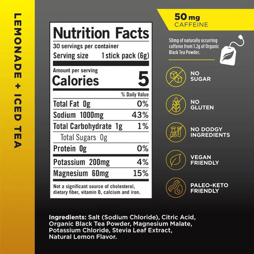 Lemonade + Iced Tea - 30 Sticks - Damaged Box nutrition facts with caffeine, no sugar, gluten-free, vegan, paleo-keto friendly from LMNT.