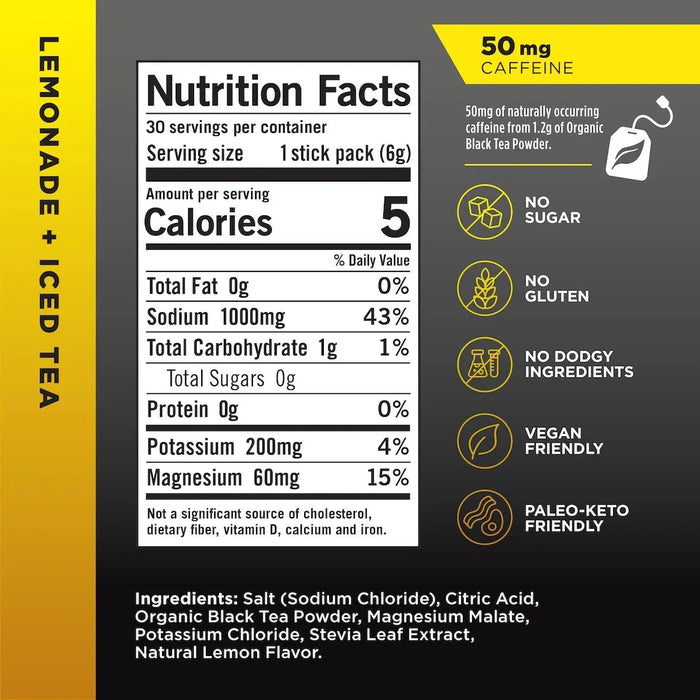 Lemonade + Iced Tea - 30 Sticks - Damaged Box nutrition facts with caffeine, no sugar, gluten-free, vegan, paleo-keto friendly from LMNT.