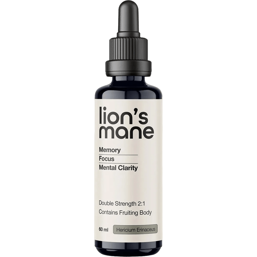 Bottle of Lion's Mane Double Strength 2:1 Mushroom Liquid Extract - 60ml by Switch Nutrition, promoting memory, focus, and mental clarity.