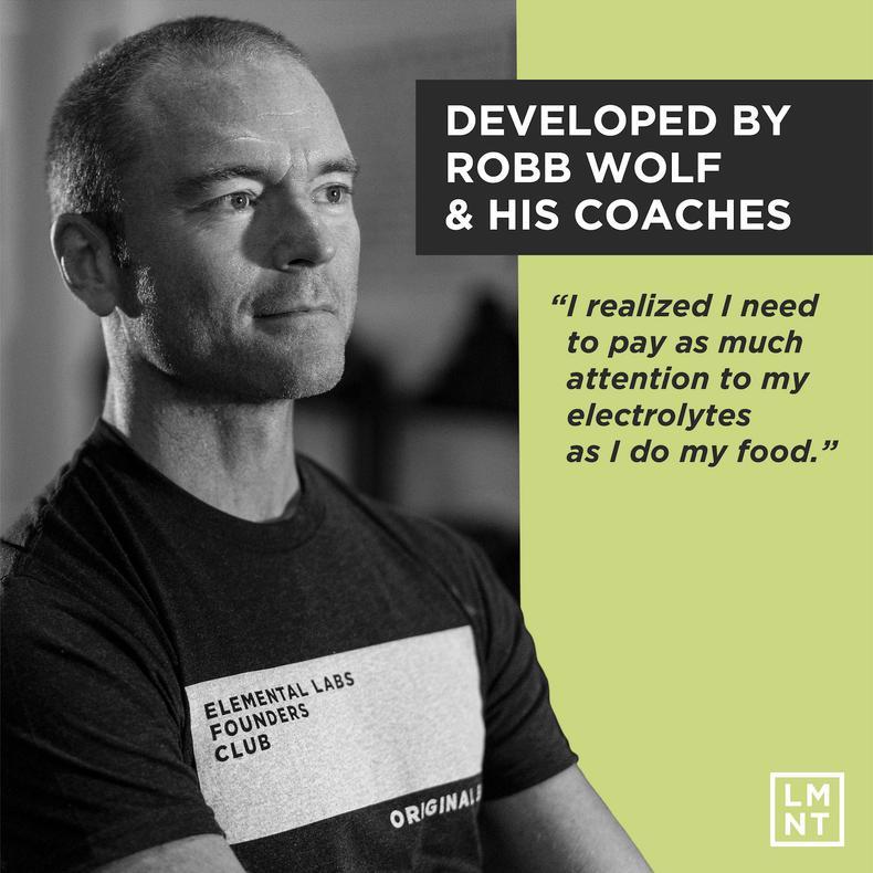 Black and white photo of a man wearing an Elemental Labs Founders Club shirt with text quoting Robb Wolf on the importance of electrolytes, promoting LMNT Big Fruity Pack - 30 Sticks by LMNT.