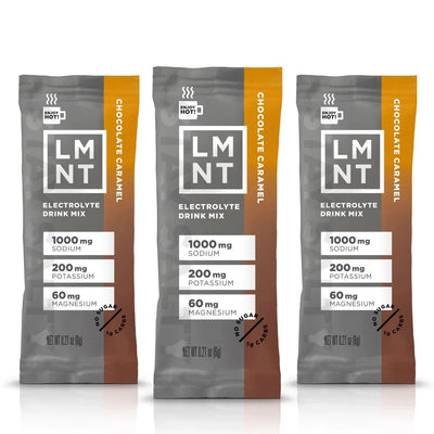LMNT Chocolate Caramel Electrolyte Mix - 30 Sticks packets showing sodium, potassium, and magnesium content on front panel