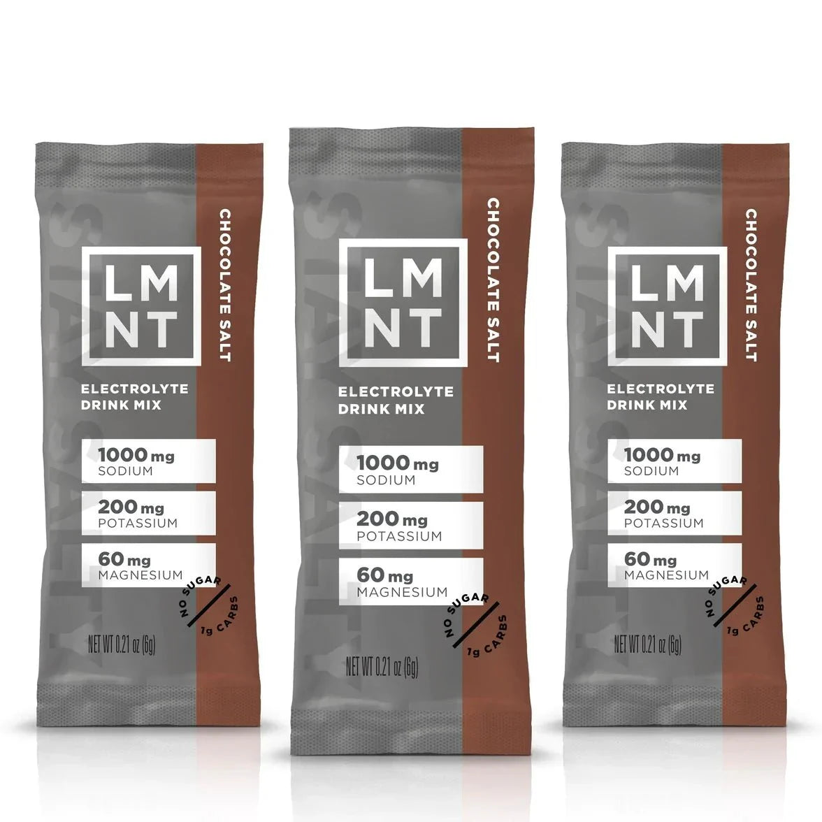 LMNT Chocolate Salt Electrolyte Mix - 30 Sticks packets displaying sodium, potassium, and magnesium content on brown and gray packaging