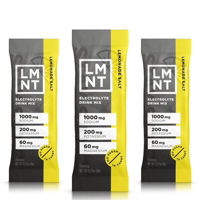 Three packets of LMNT Lemonade Salt Electrolyte Mix - 30 Sticks by LMNT with nutrition highlights including sodium, potassium, and magnesium.