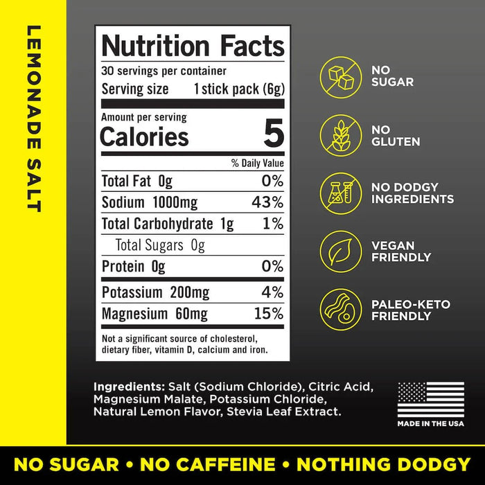Nutrition facts label for LMNT Lemonade Salt Electrolyte Mix with ingredients and dietary benefits on gray background