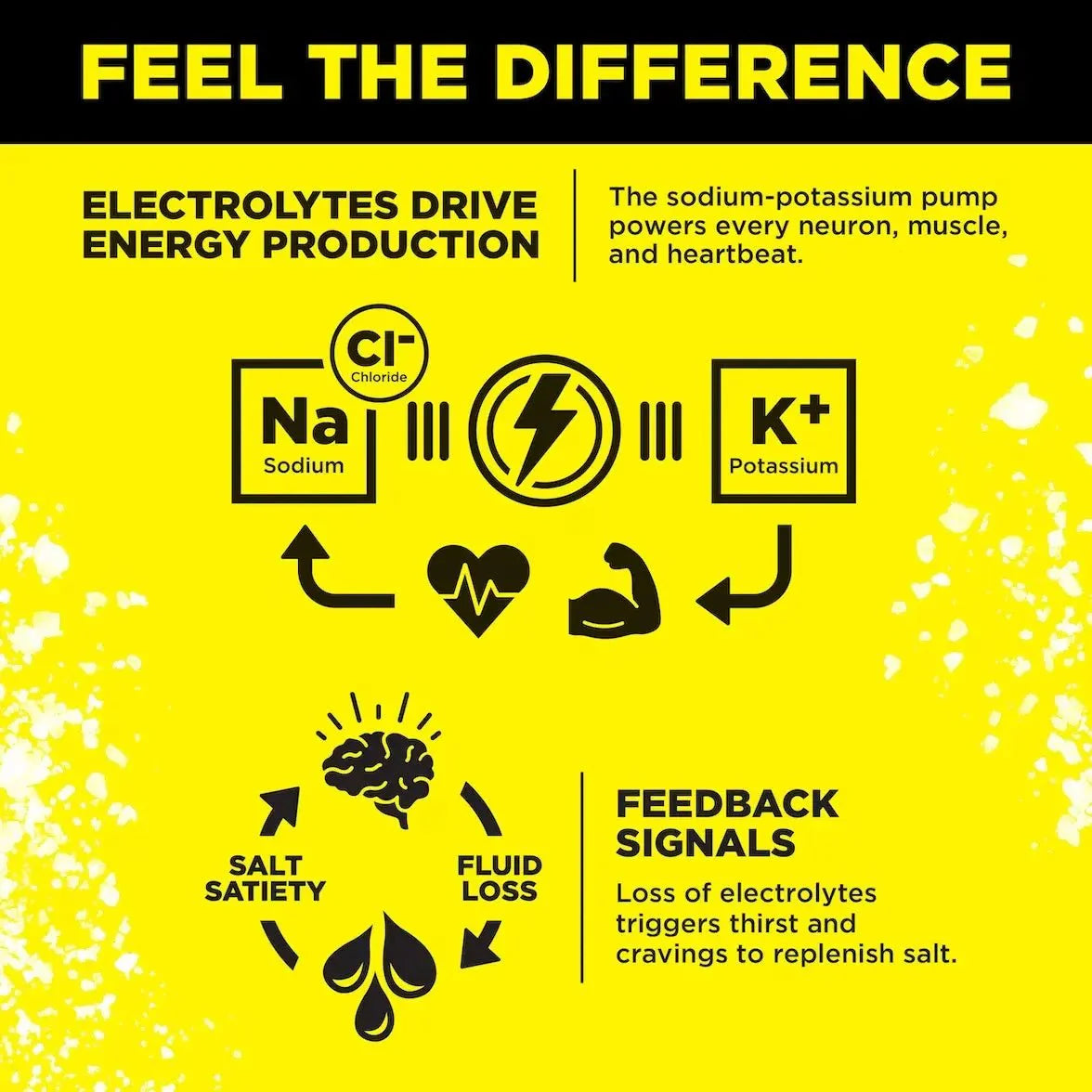 Yellow infographic highlighting how electrolytes sodium, chloride, and potassium support energy production, muscle function, and hydration feedback signals for LMNT Lemonade Salt Electrolyte Mix - 30 Sticks by LMNT.