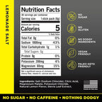 Nutrition facts panel and ingredient list for LMNT Lemonade Salt Electrolyte Mix - 30 Sticks by LMNT, highlighting keto-friendly, vegan, and gluten-free attributes.