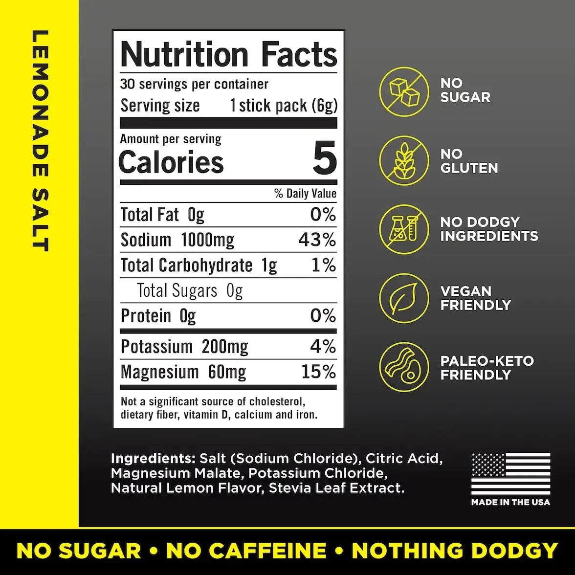 Nutrition facts panel and ingredient list for LMNT Lemonade Salt Electrolyte Mix - 30 Sticks by LMNT, highlighting keto-friendly, vegan, and gluten-free attributes.