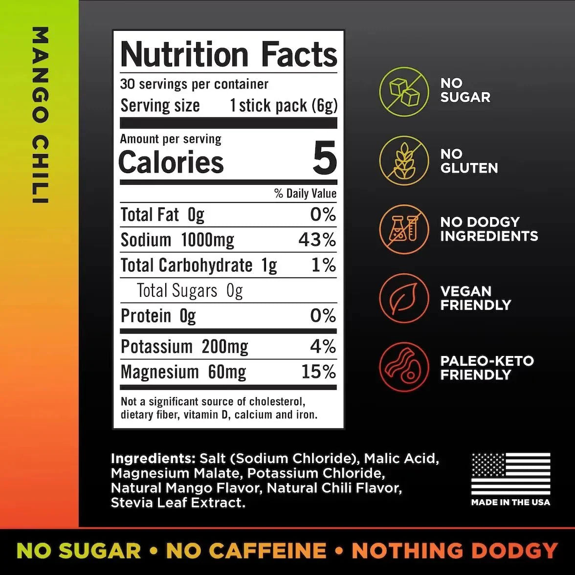 Nutrition facts for LMNT Mango Chilli Electrolyte Mix - 30 Sticks by LMNT showing calories, sodium, carbs, potassium, magnesium, and key ingredients with keto-friendly benefits.