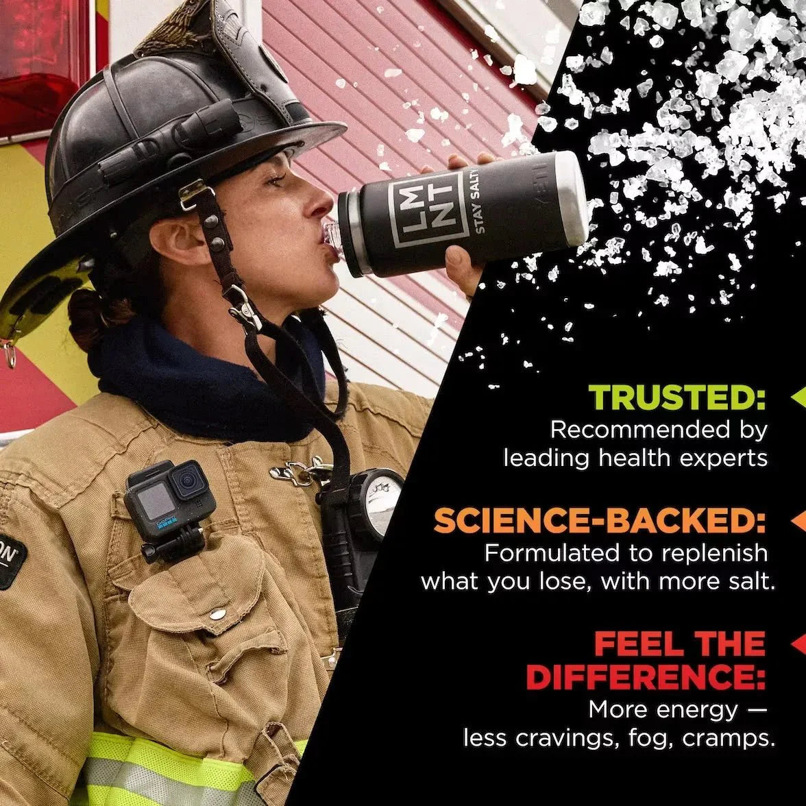 Firefighter in full gear drinking from a container of LMNT Mango Chilli Electrolyte Mix - 30 Sticks by LMNT with text highlighting health expert recommendations and science-backed benefits.