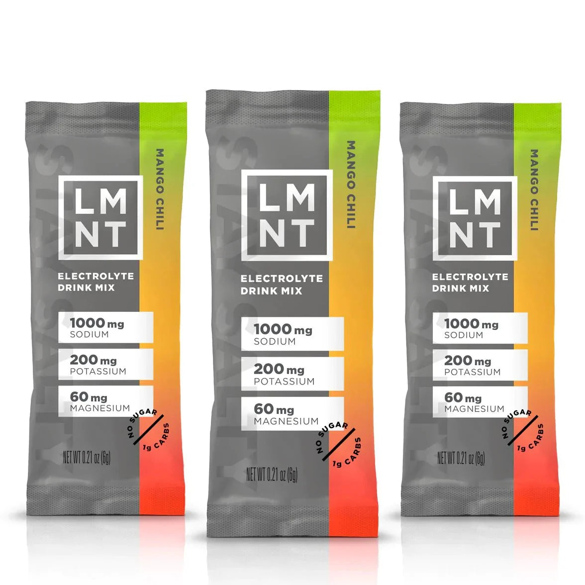 Three LMNT Mango Chilli Electrolyte Mix - 30 Sticks packets showing sodium, potassium, and magnesium content on gradient design