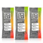 Three LMNT Mango Chilli Electrolyte Mix - 30 Sticks packets showing sodium, potassium, and magnesium content on gradient design