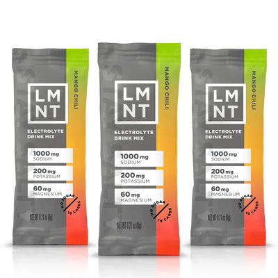 Three LMNT Mango Chilli Electrolyte Mix - 30 Sticks packets showing sodium, potassium, and magnesium content on gradient design