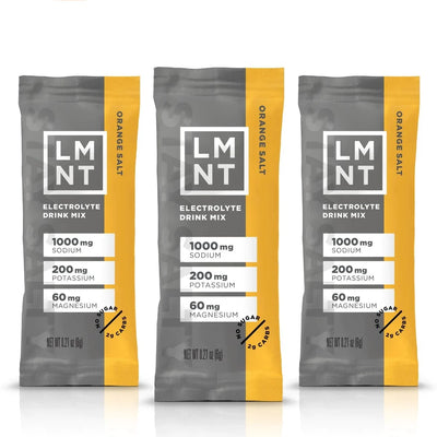 Three LMNT Orange Salt Electrolyte Mix - 30 Sticks packets showing electrolyte and carb content on gray and orange packaging