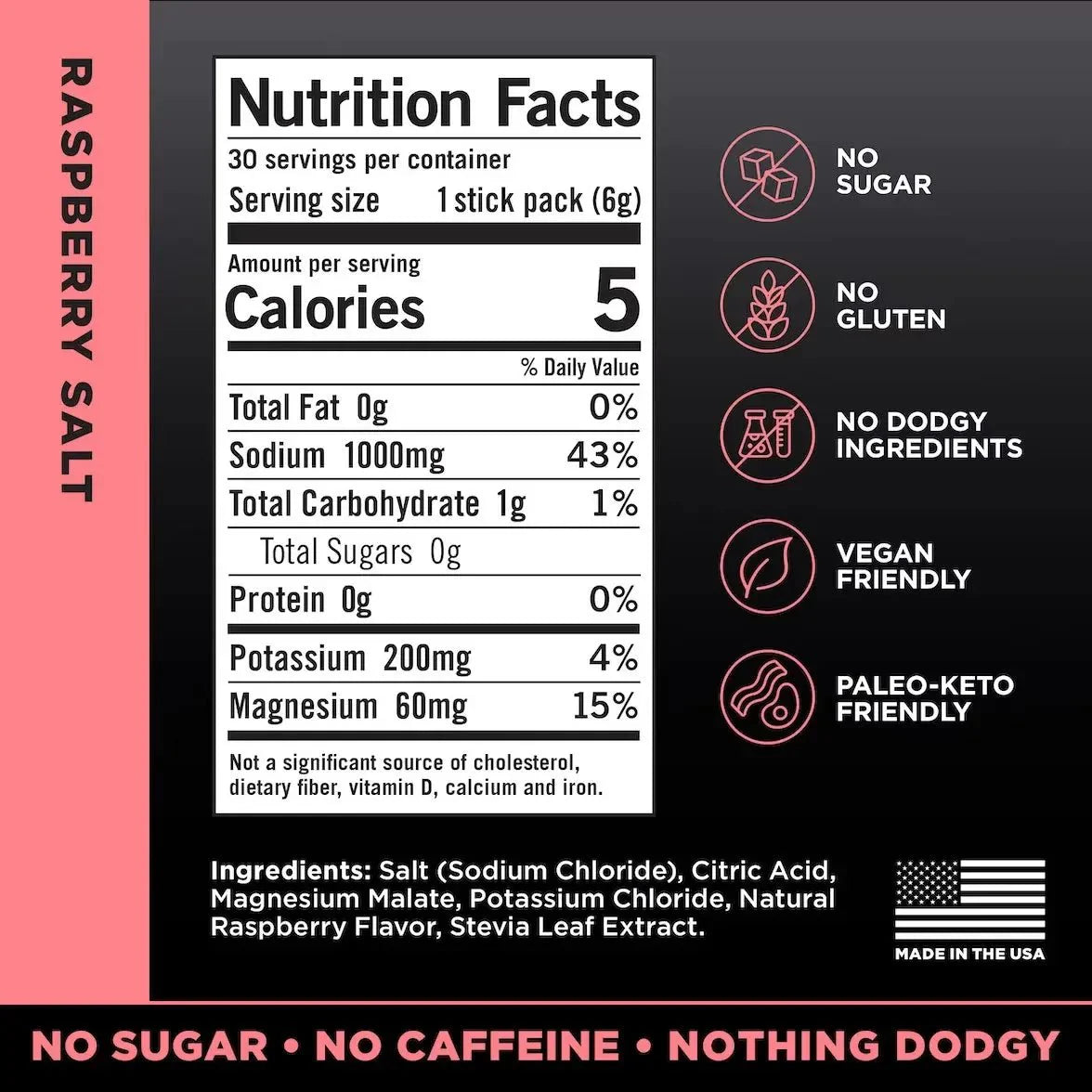 Nutrition facts and ingredient details for LMNT Raspberry Salt Electrolyte Mix - 30 Sticks by LMNT with zero sugar, gluten-free, vegan, paleo-keto friendly formula.