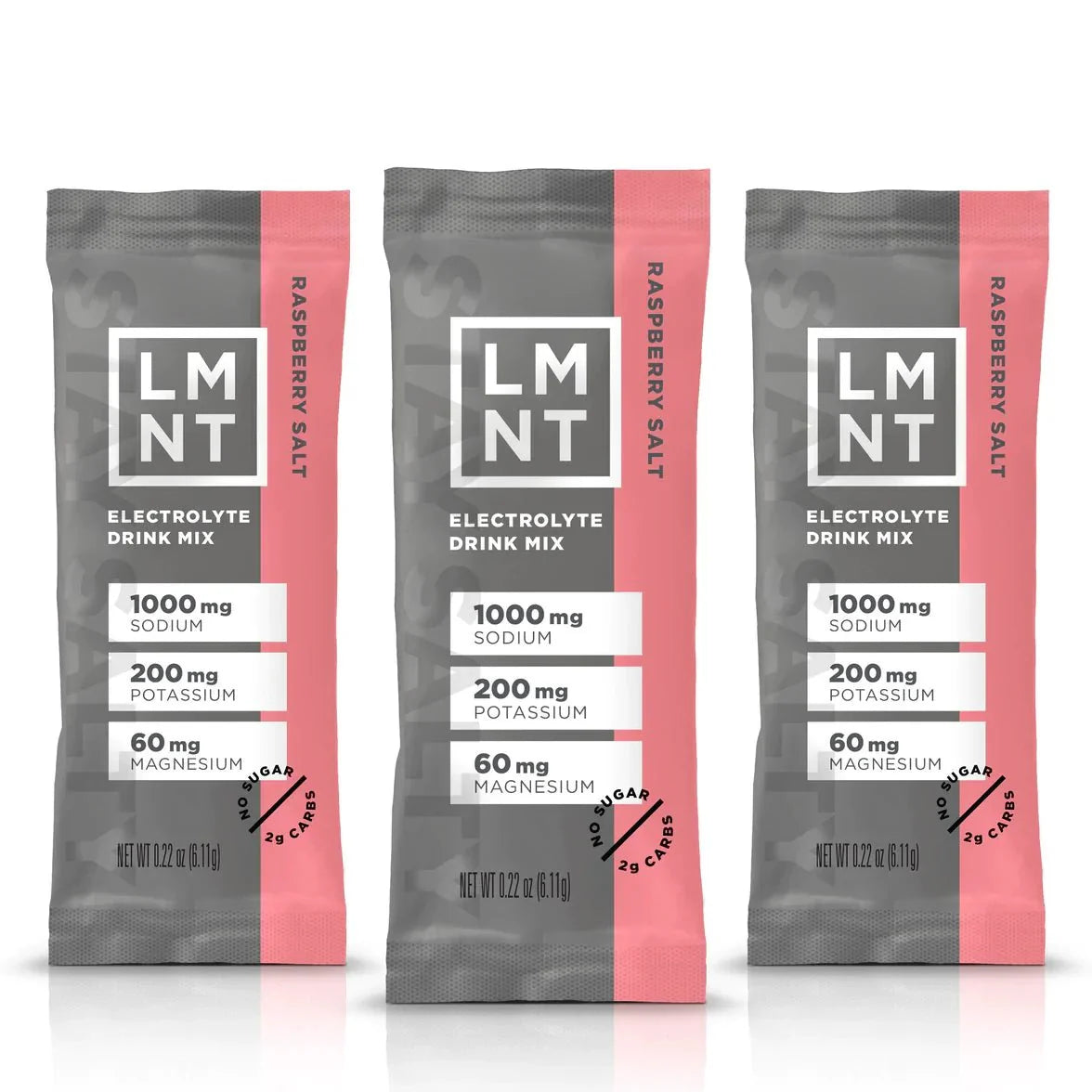 LMNT Raspberry Salt Electrolyte Mix - 30 Sticks packets showing sodium, potassium, and magnesium content on pink and gray design