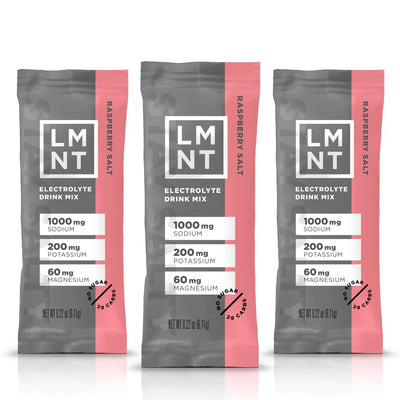 LMNT Raspberry Salt Electrolyte Mix - 30 Sticks packets showing sodium, potassium, and magnesium content on pink and gray design