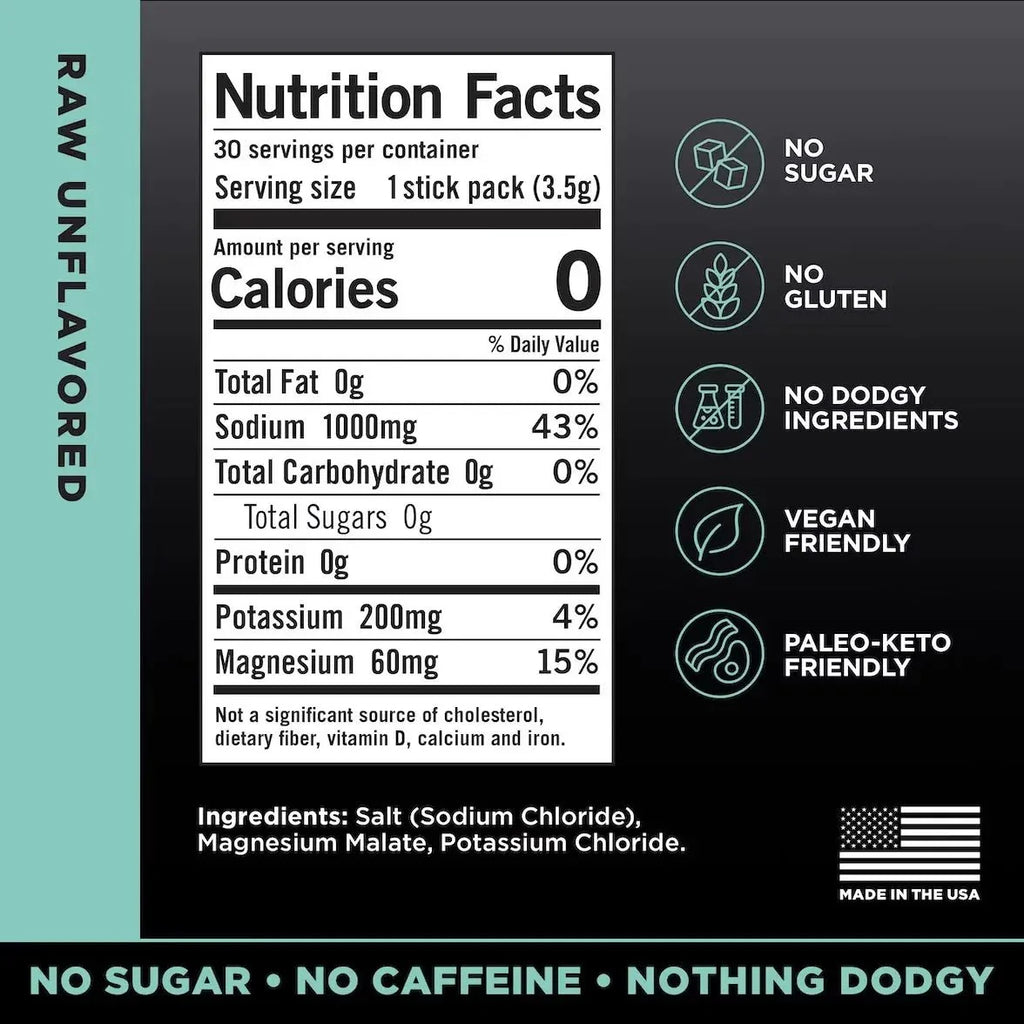 Nutrition facts panel for LMNT Raw Unflavoured Electrolyte Mix - 30 Sticks by LMNT showing zero calories, sugar, and carbs with key minerals and vegan-friendly, keto-approved icons.