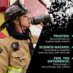 Firefighter drinking LMNT Raw Unflavoured Electrolyte Mix - 30 Sticks with text about science-backed benefits and energy.