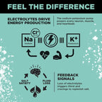 Infographic showing how sodium, chloride, and potassium electrolytes drive energy production and feedback signals in the body for LMNT Raw Unflavoured Electrolyte Mix - 30 Sticks by LMNT.