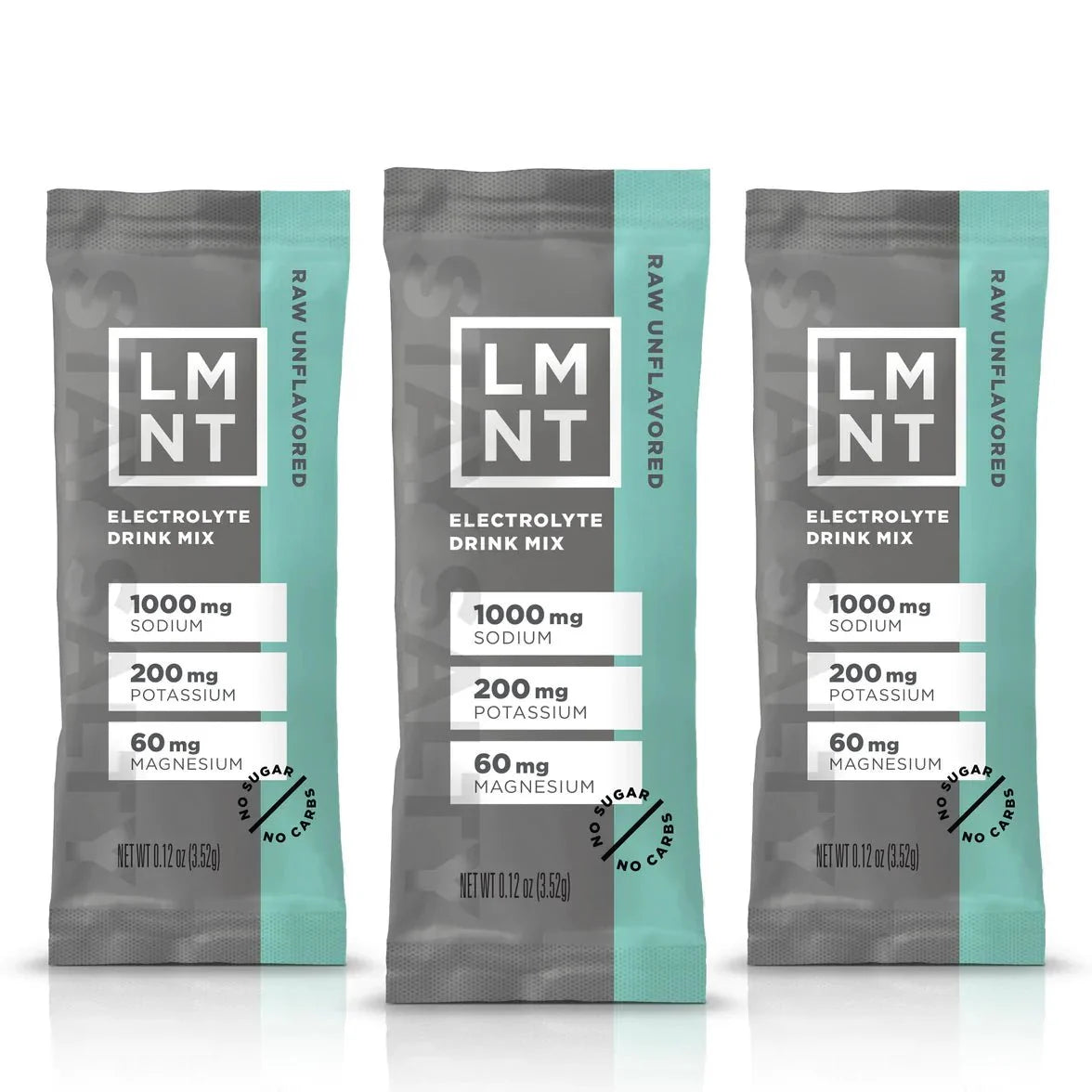 LMNT Raw Unflavoured Electrolyte Mix - 30 Sticks showing individual packets with sodium, potassium, and magnesium content labels