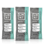 LMNT Raw Unflavoured Electrolyte Mix - 30 Sticks showing individual packets with sodium, potassium, and magnesium content labels