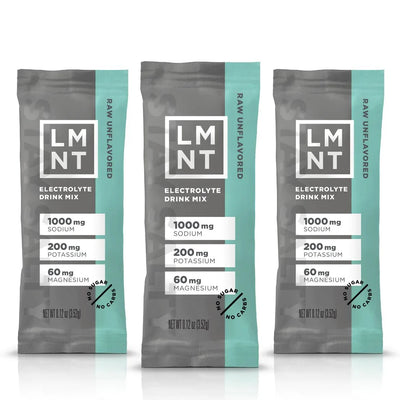 LMNT Raw Unflavoured Electrolyte Mix - 30 Sticks showing individual packets with sodium, potassium, and magnesium content labels
