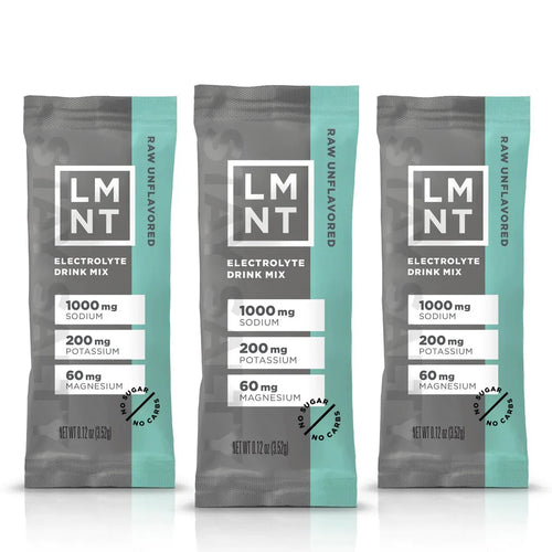LMNT Raw Unflavoured Electrolyte Mix - 30 Sticks showing individual packets with sodium, potassium, and magnesium content labels
