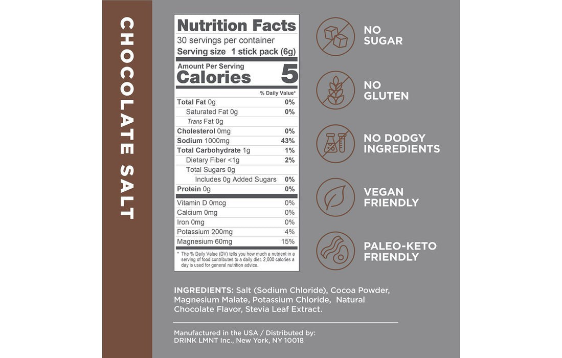 LMNT Chocolate Salt Electrolyte Mix - 30 Sticks nutrition panel showing low calorie, vegan, paleo-keto friendly, and no gluten or sugar.